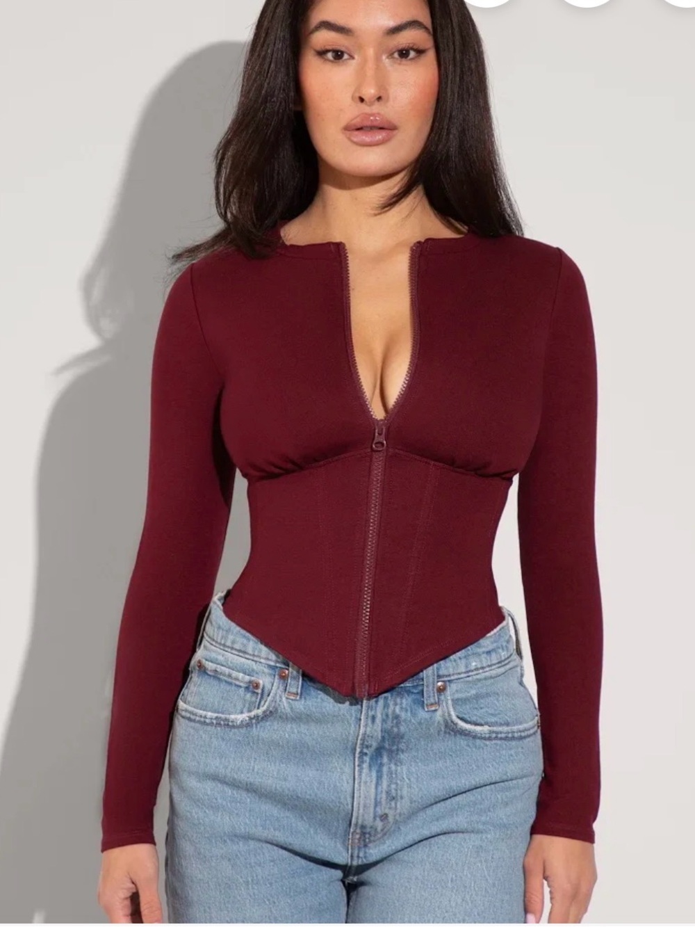 Zip-Front Burgundy Long-Sleeve Corset Top